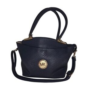 Michael Kors Navy Blue Chevron Leather Satchel Shoulder Bag Gold MK Logo